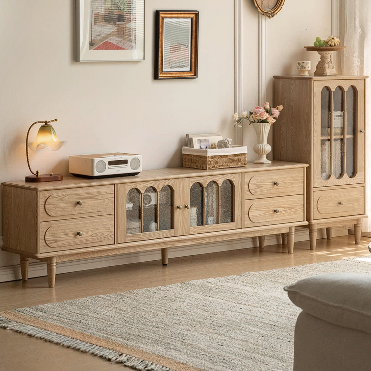 Ash Solid Wood French Country TV Console with Reeded Columns