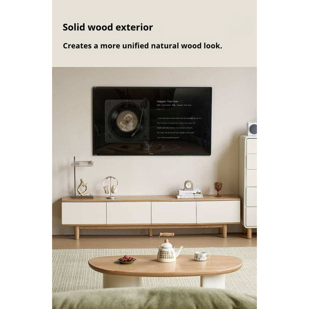 Oak Solid Wood Minimalist Scandinavian TV Console with Flat-Panel Doors and Tapered Legs