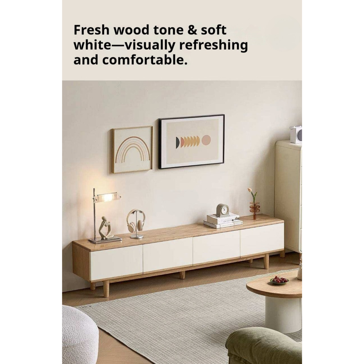 Oak Solid Wood Minimalist Scandinavian TV Console with Flat-Panel Doors and Tapered Legs
