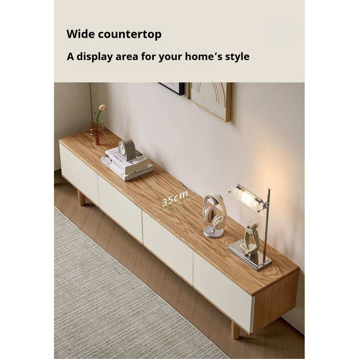 Oak Solid Wood Minimalist Scandinavian TV Console with Flat-Panel Doors and Tapered Legs