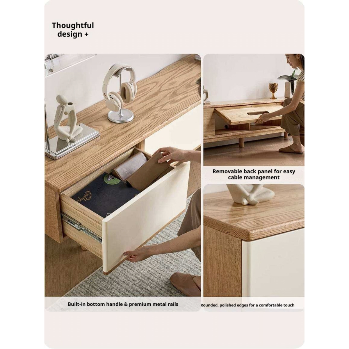 Oak Solid Wood Minimalist Scandinavian TV Console with Flat-Panel Doors and Tapered Legs