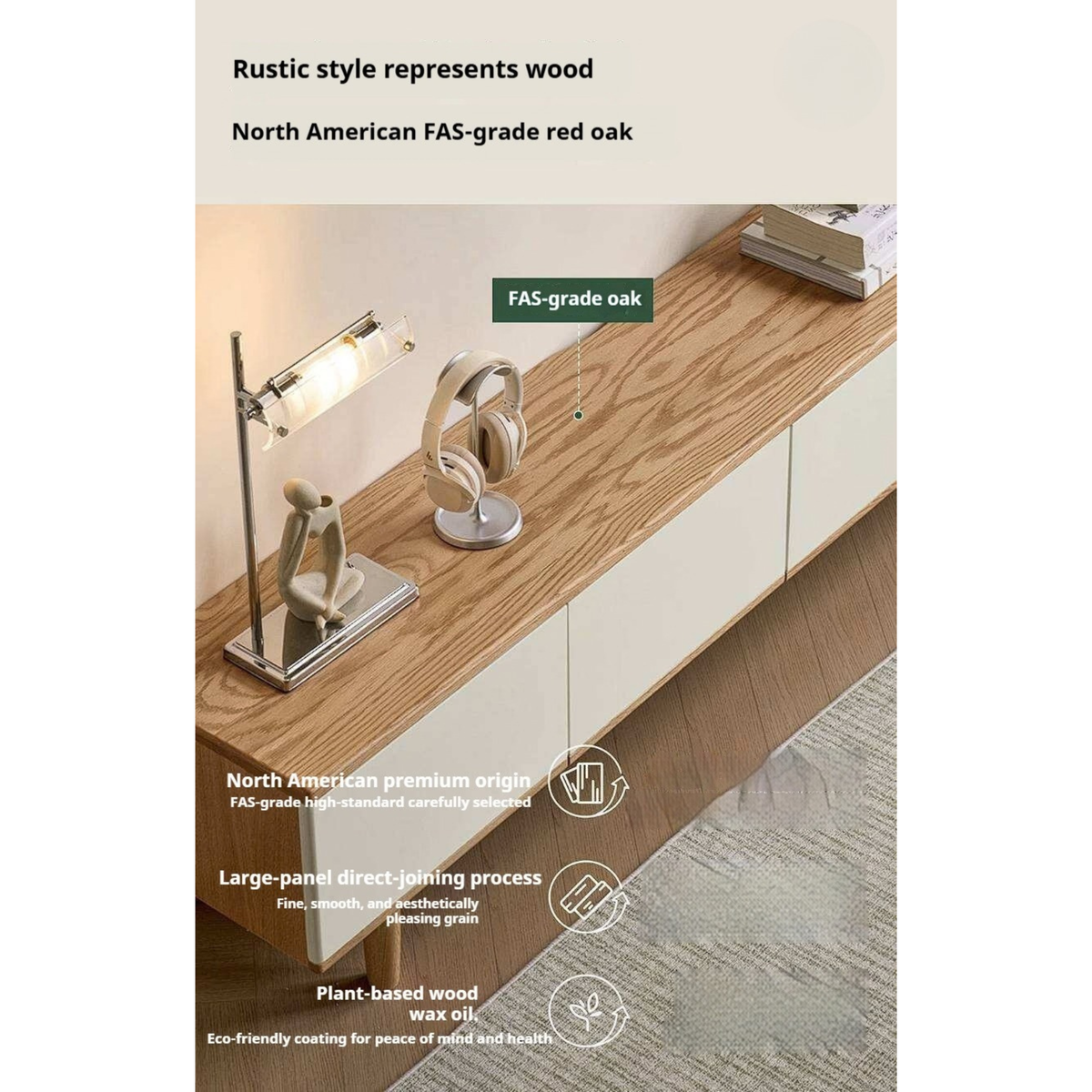Oak Solid Wood Minimalist Scandinavian TV Console with Flat-Panel Doors and Tapered Legs