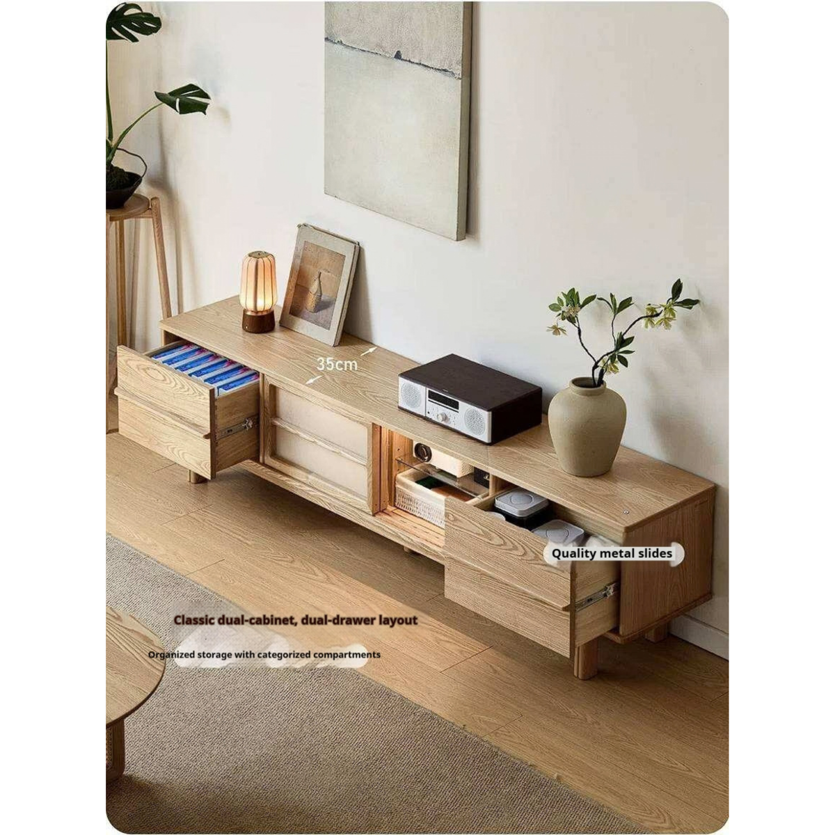 Ash Solid Wood Japanese Shoji-Style TV Console with LED Ambient Lighting