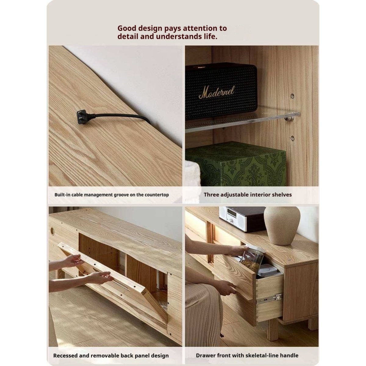 Ash Solid Wood Japanese Shoji-Style TV Console with LED Ambient Lighting