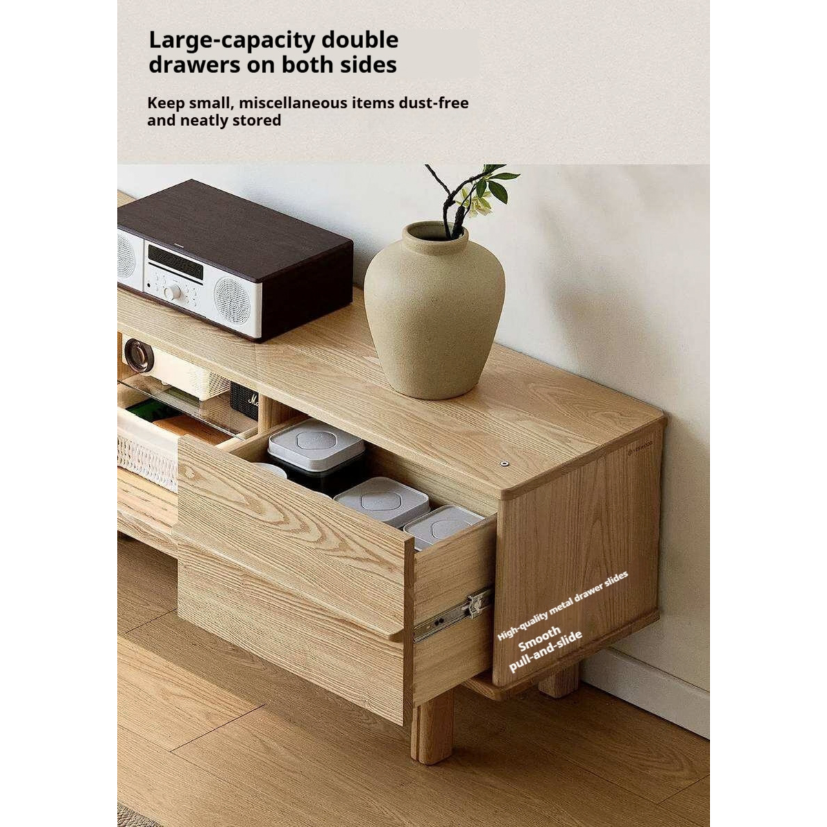 Ash Solid Wood Japanese Shoji-Style TV Console with LED Ambient Lighting