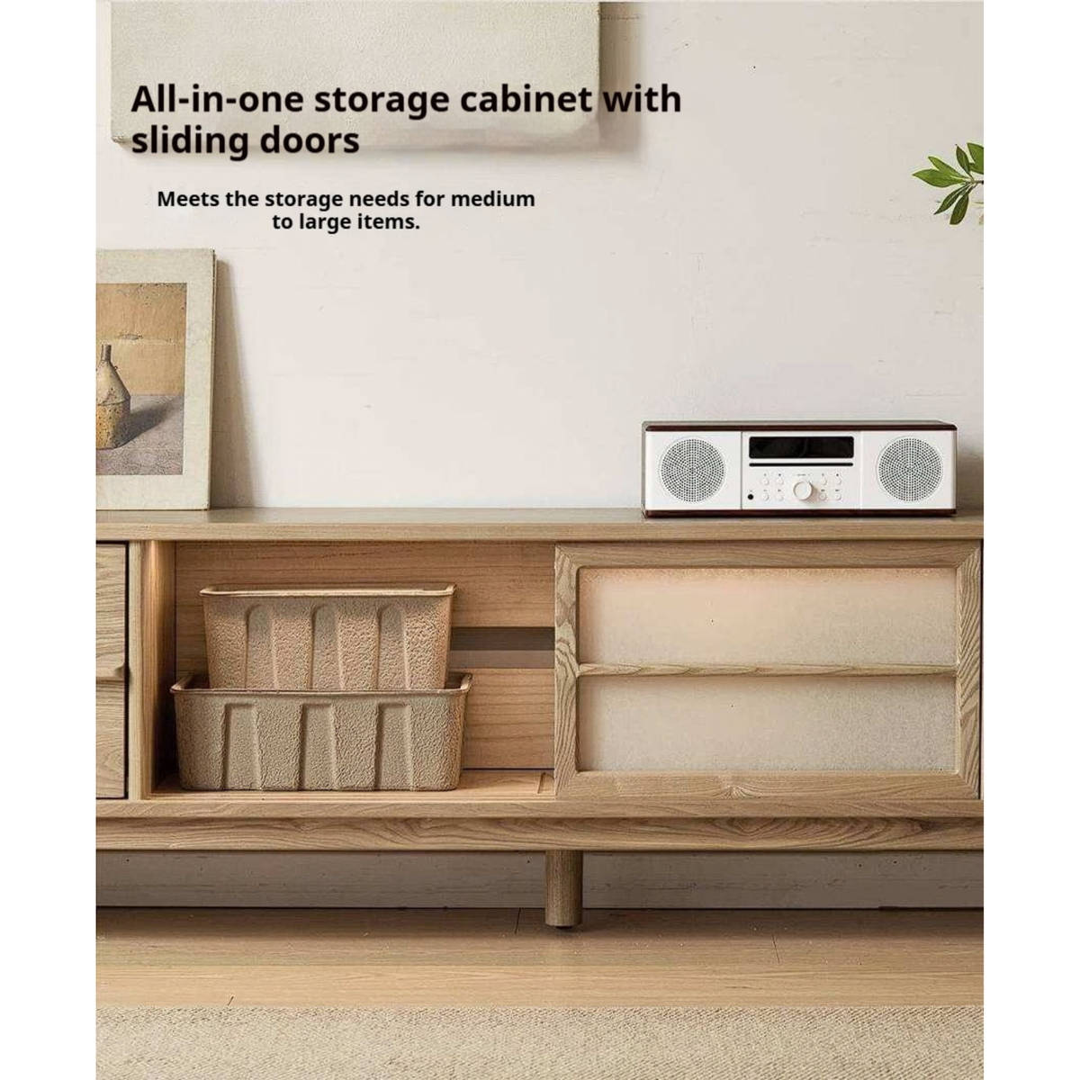 Ash Solid Wood Japanese Shoji-Style TV Console with LED Ambient Lighting