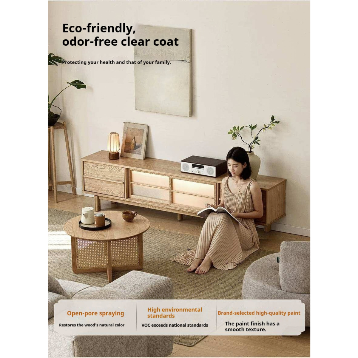Ash Solid Wood Japanese Shoji-Style TV Console with LED Ambient Lighting