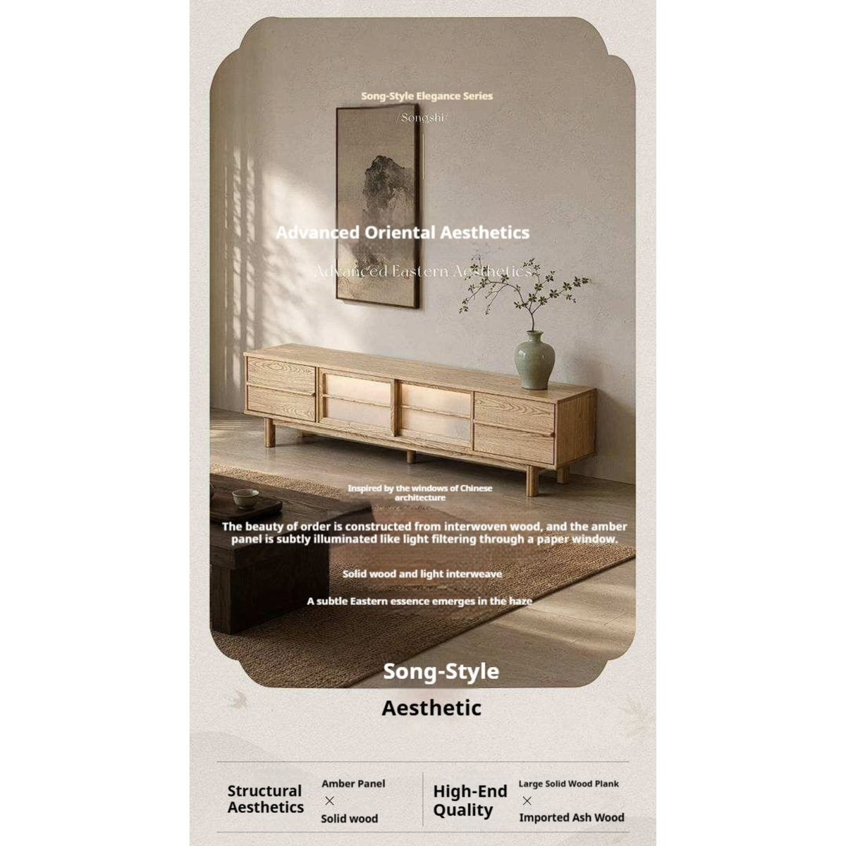 Ash Solid Wood Japanese Shoji-Style TV Console with LED Ambient Lighting
