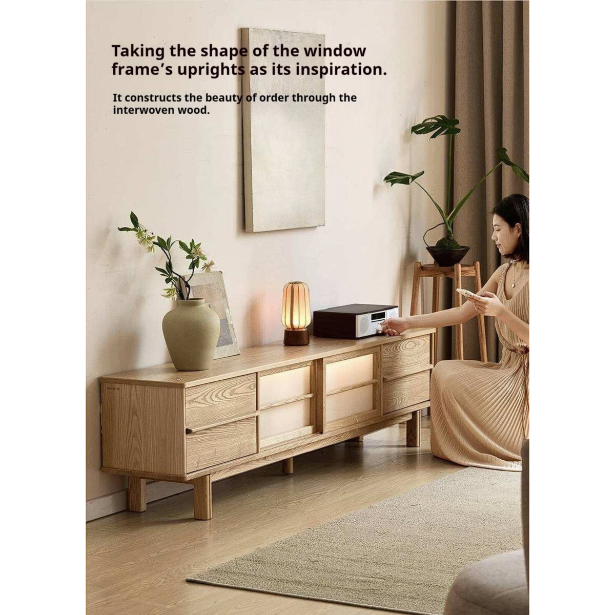 Ash Solid Wood Japanese Shoji-Style TV Console with LED Ambient Lighting