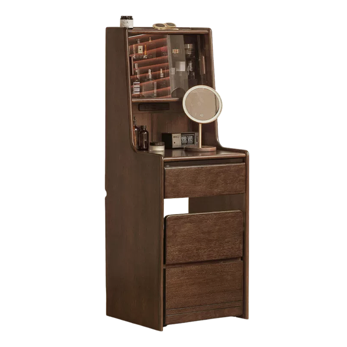 Black Walnut, Golden Pearwood Solid Wood Compact Bedside Vanity Table with LED Mirror and Pull-Out Cushioned Stool