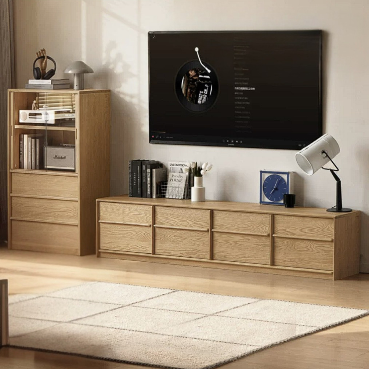 White Oak Solid Wood Scandinavian Low TV Console with Slatted Sliding Doors and Cable Management