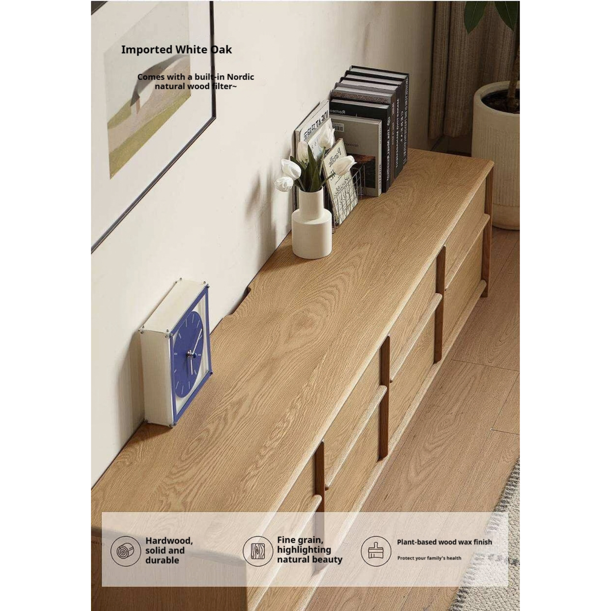 White Oak Solid Wood Scandinavian Low TV Console with Slatted Sliding Doors and Cable Management