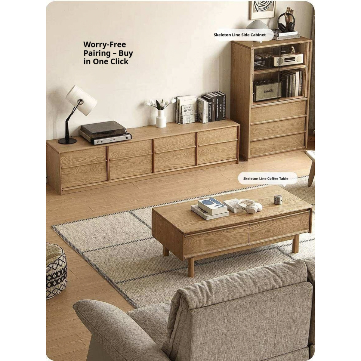 White Oak Solid Wood Scandinavian Low TV Console with Slatted Sliding Doors and Cable Management