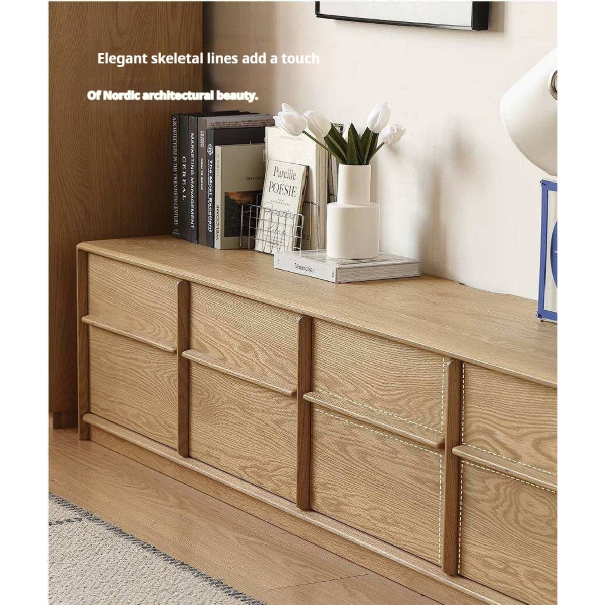 White Oak Solid Wood Scandinavian Low TV Console with Slatted Sliding Doors and Cable Management