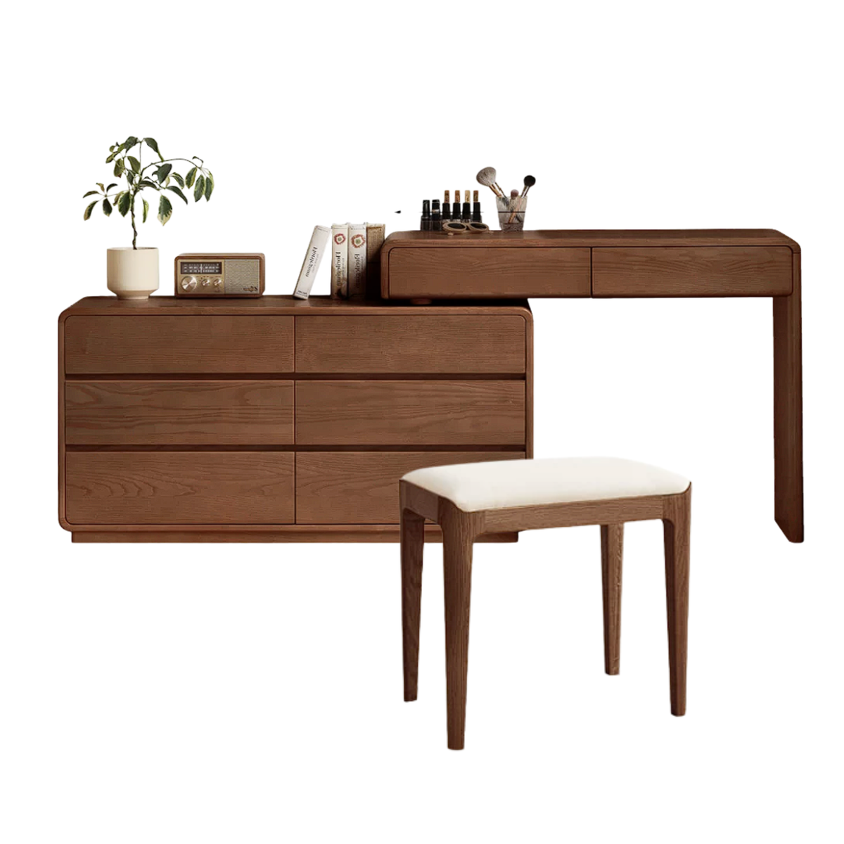Black Walnut Solid Wood Reversible Dresser and Vanity Desk Combo with Cantilevered Extension
