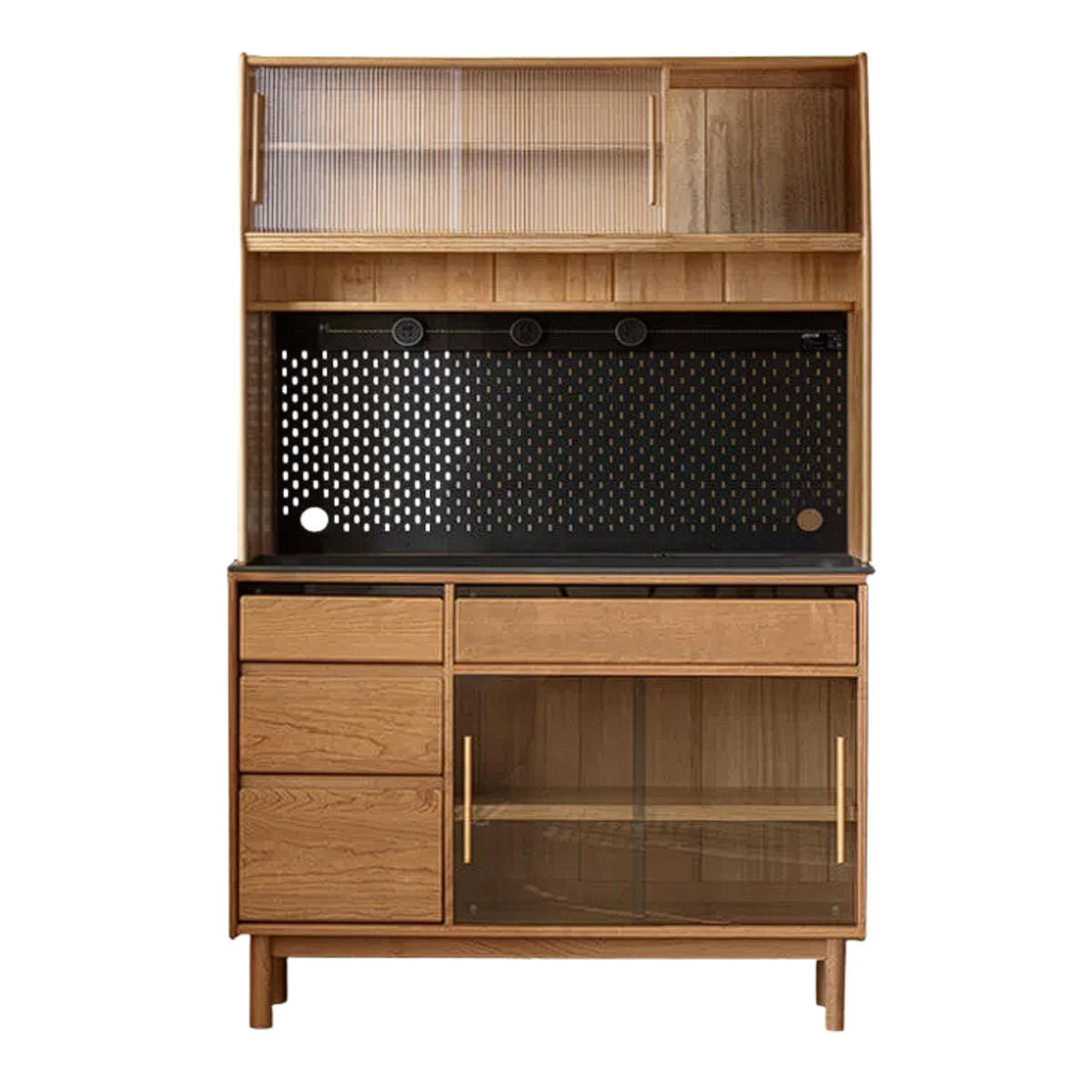 Cherry Solid Wood Sideboard Buffet with Black Sintered Stone Top, Optional Hutch and Power Outlet Track