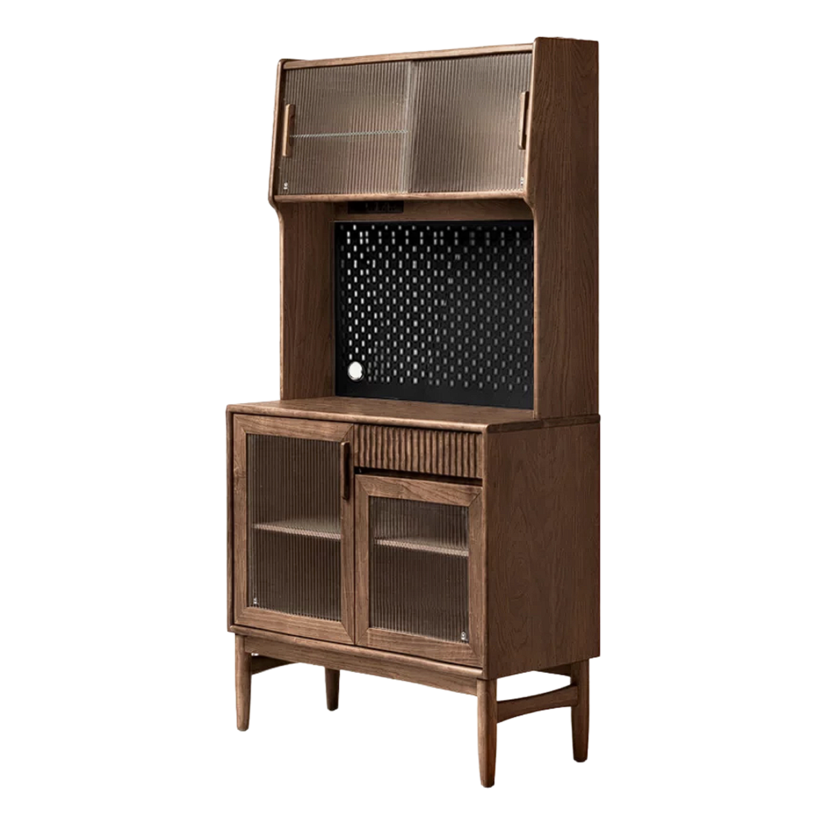 Oak, Black Walnut, South American Walnut, Solid Longan Hardwood, Red Zebrawood Solid Wood Kitchen Pantry Hutch with Pegboard and Sliding Glass Door