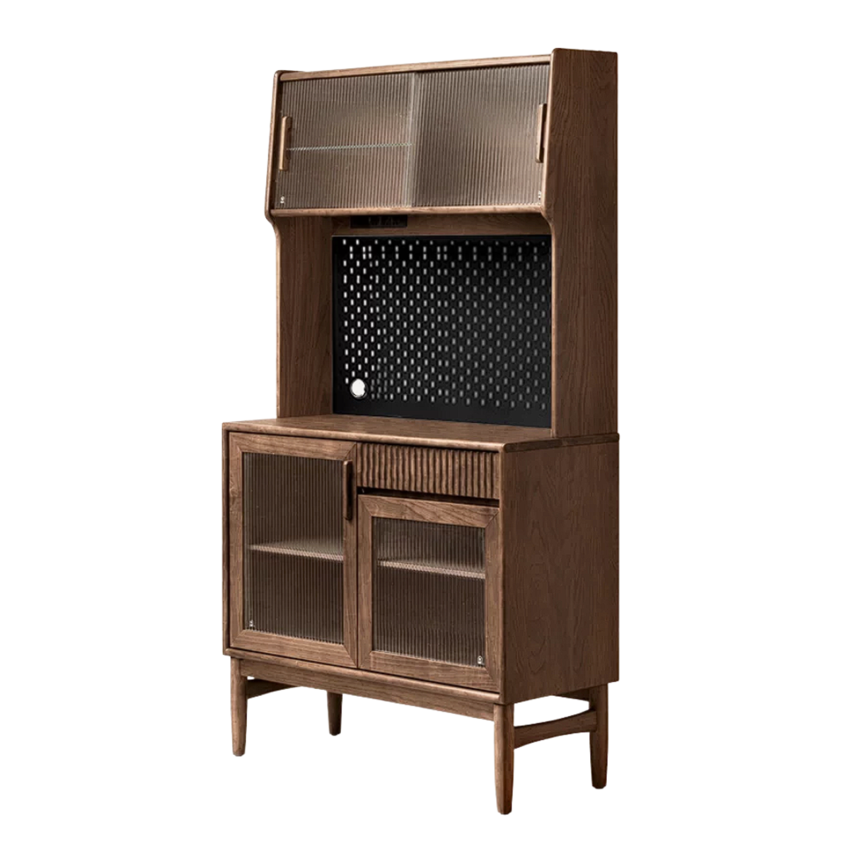 Oak, Black Walnut, South American Walnut, Solid Longan Hardwood, Red Zebrawood Solid Wood Kitchen Pantry Hutch with Pegboard and Sliding Glass Door