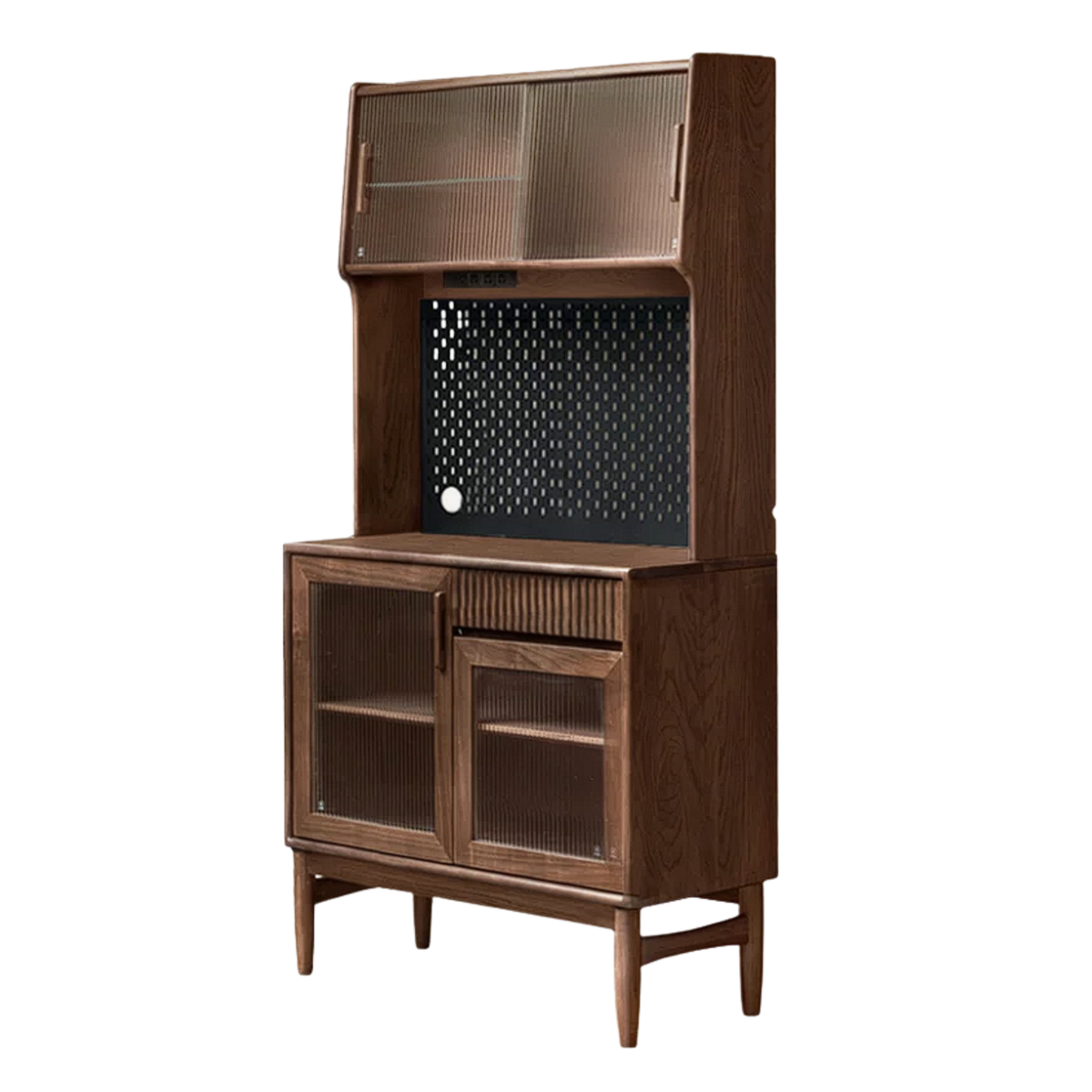 Oak, Black Walnut, South American Walnut, Solid Longan Hardwood, Red Zebrawood Solid Wood Kitchen Pantry Hutch with Pegboard and Sliding Glass Door