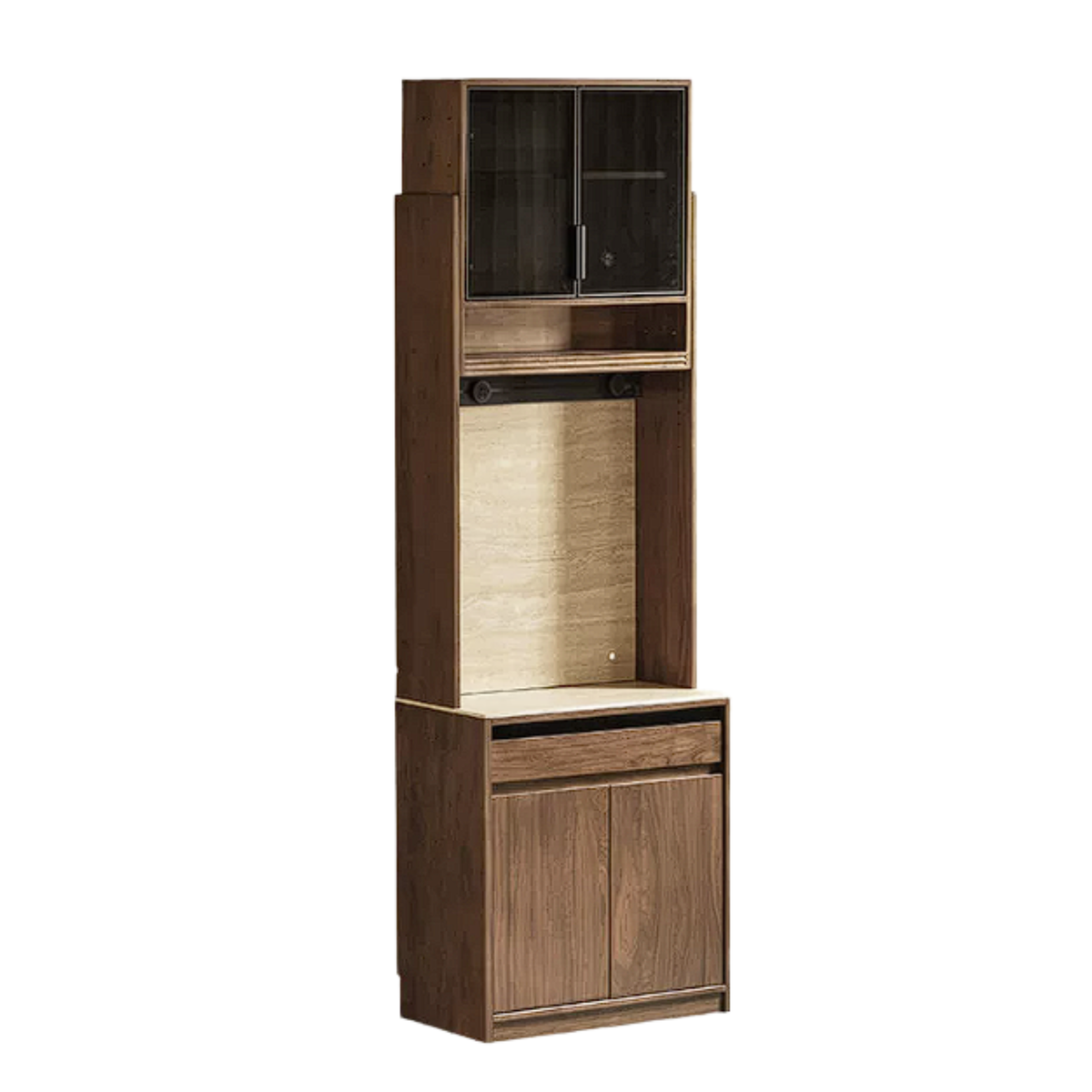 Black Walnut Solid Wood Floor-to-Ceiling Pantry Cabinet with LED Glass Sliding Doors and Stone Countertop