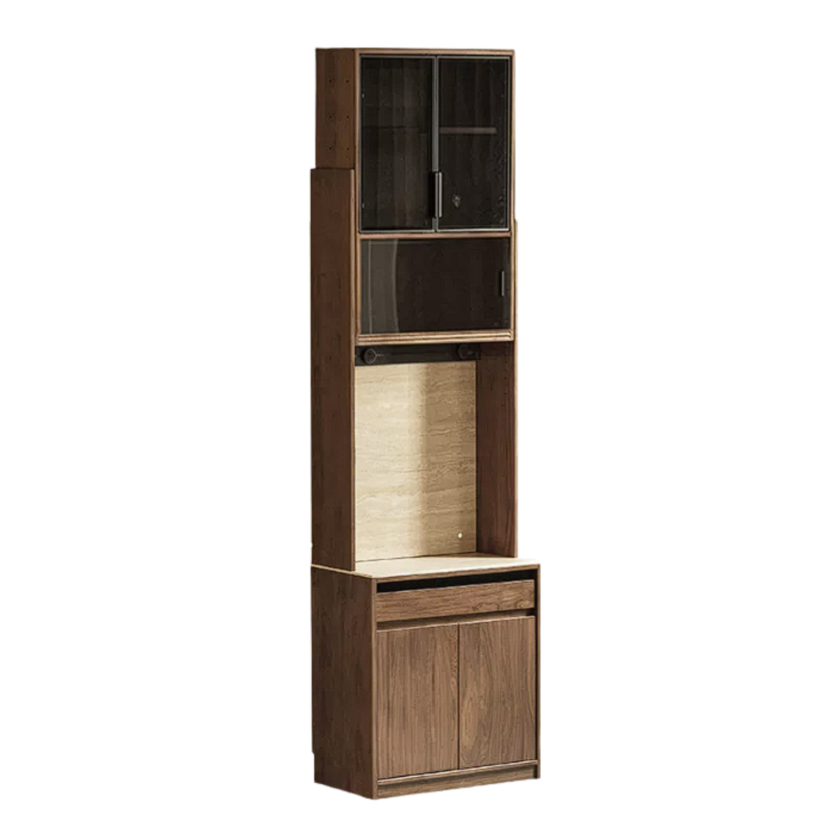 Black Walnut Solid Wood Floor-to-Ceiling Pantry Cabinet with LED Glass Sliding Doors and Stone Countertop