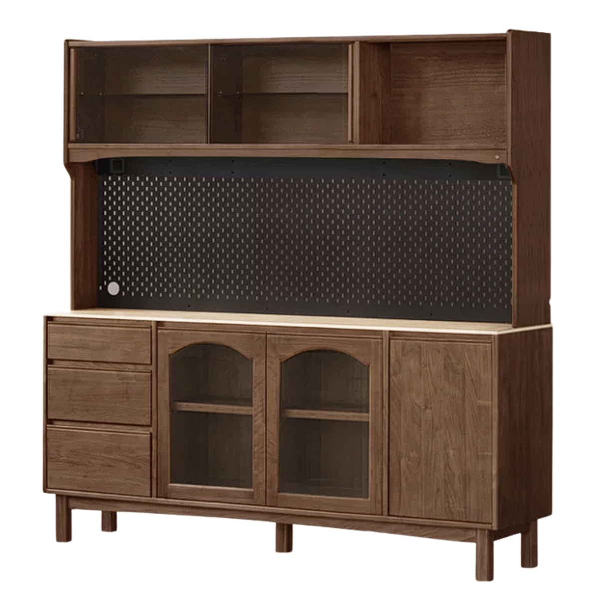 Black Walnut, Golden Sandalwood Solid Wood Retro Buffet Sideboard with Travertine Top and Optional Hutch