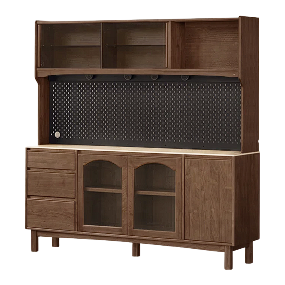 Black Walnut, Golden Sandalwood Solid Wood Retro Buffet Sideboard with Travertine Top and Optional Hutch