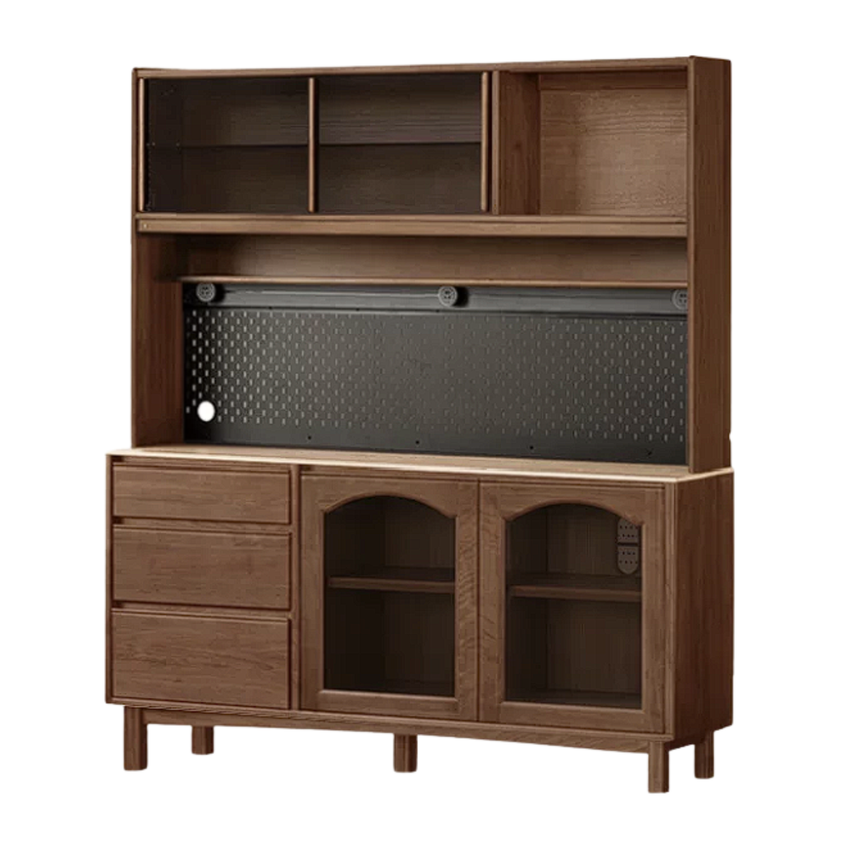 Black Walnut, Golden Sandalwood Solid Wood Retro Buffet Sideboard with Travertine Top and Optional Hutch