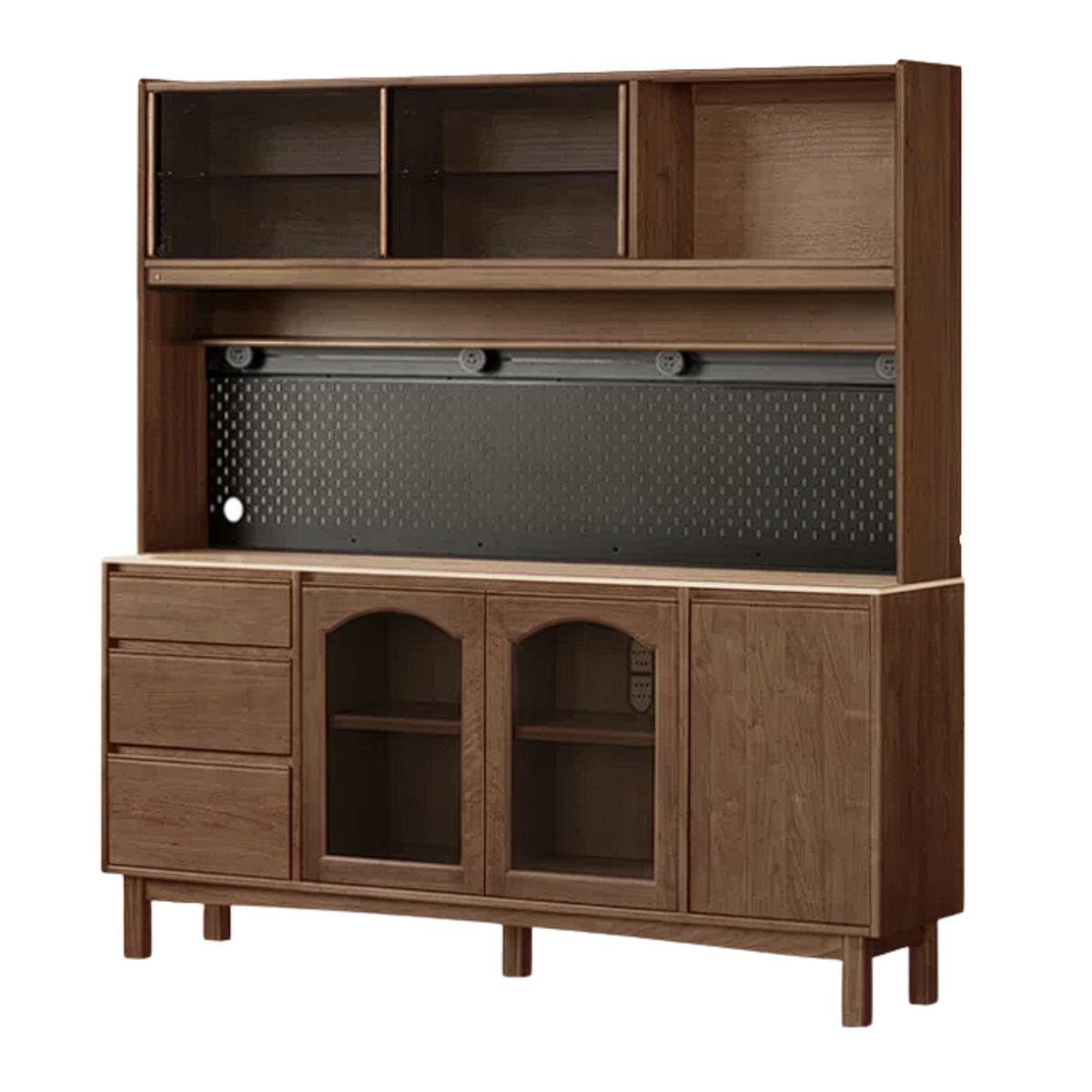 Black Walnut, Golden Sandalwood Solid Wood Retro Buffet Sideboard with Travertine Top and Optional Hutch