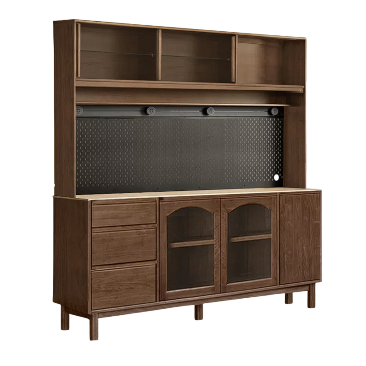 Black Walnut, Golden Sandalwood Solid Wood Retro Buffet Sideboard with Travertine Top and Optional Hutch