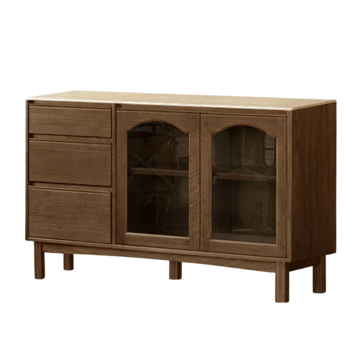 Black Walnut, Golden Sandalwood Solid Wood Retro Buffet Sideboard with Travertine Top and Optional Hutch