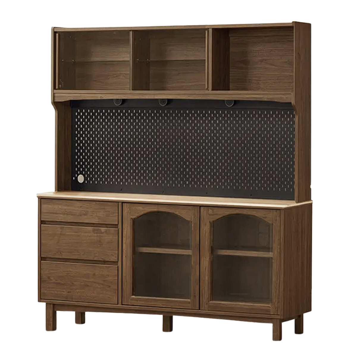 Black Walnut, Golden Sandalwood Solid Wood Retro Buffet Sideboard with Travertine Top and Optional Hutch