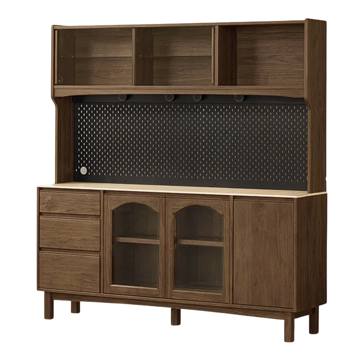Black Walnut, Golden Sandalwood Solid Wood Retro Buffet Sideboard with Travertine Top and Optional Hutch