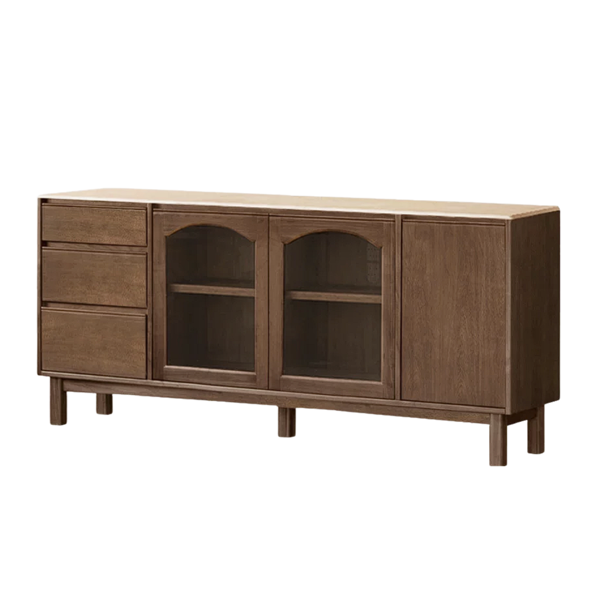 Black Walnut, Golden Sandalwood Solid Wood Retro Buffet Sideboard with Travertine Top and Optional Hutch