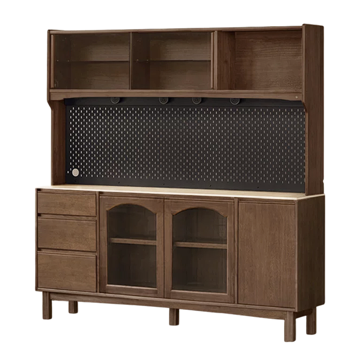 Black Walnut, Golden Sandalwood Solid Wood Retro Buffet Sideboard with Travertine Top and Optional Hutch