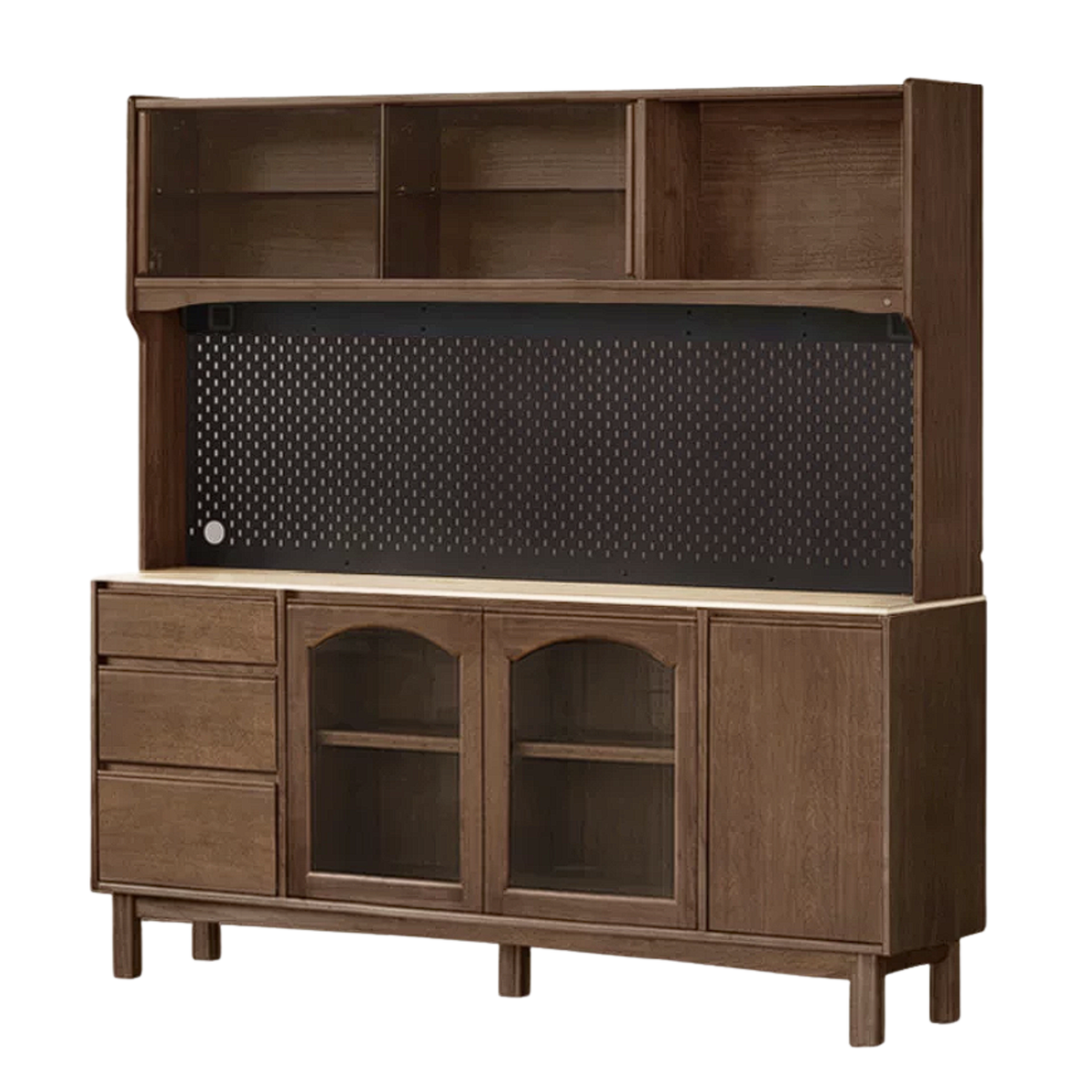 Black Walnut, Golden Sandalwood Solid Wood Retro Buffet Sideboard with Travertine Top and Optional Hutch