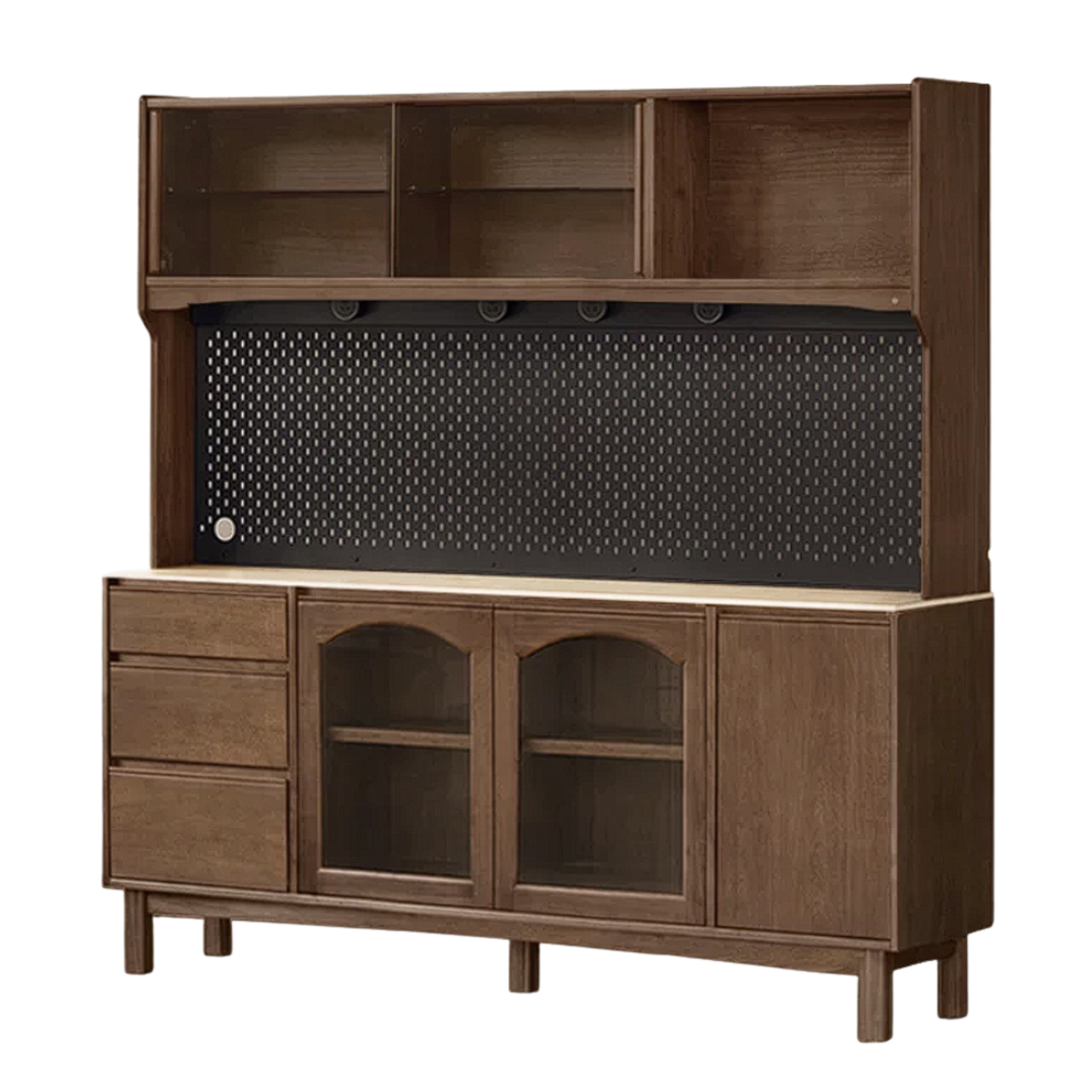 Black Walnut, Golden Sandalwood Solid Wood Retro Buffet Sideboard with Travertine Top and Optional Hutch