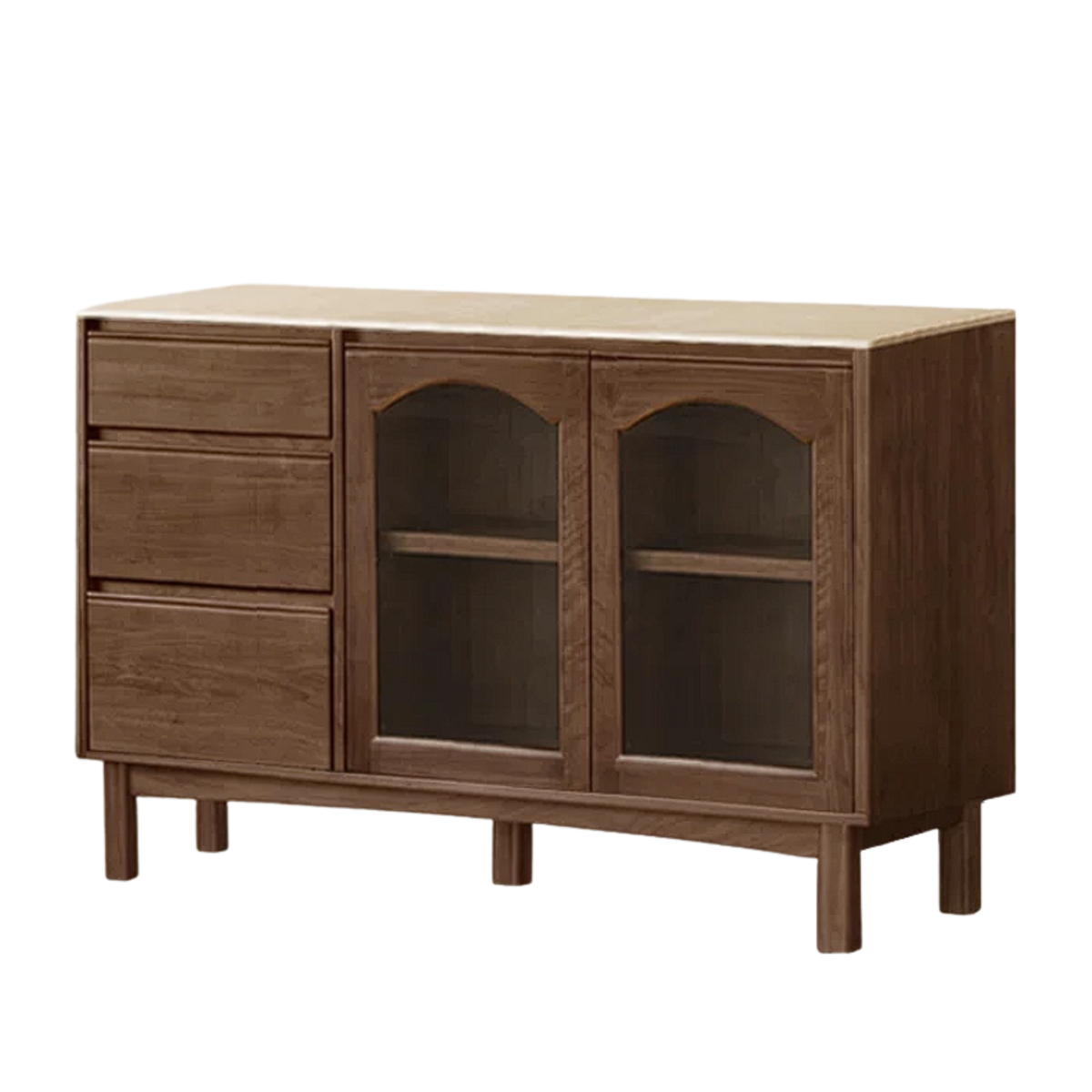 Black Walnut, Golden Sandalwood Solid Wood French Retro Sideboard Buffet with Travertine Top and Optional Upper Shelf