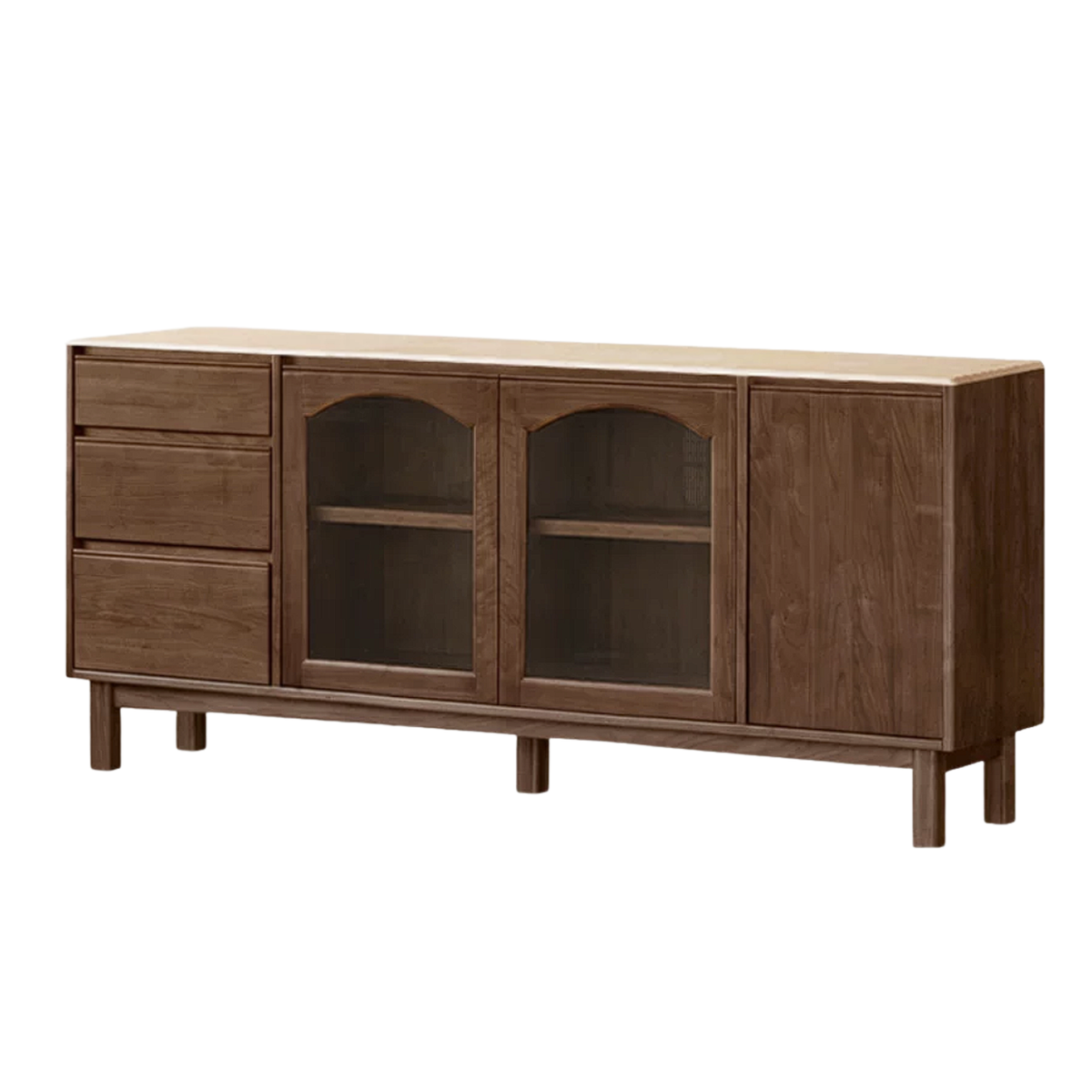 Black Walnut, Golden Sandalwood Solid Wood French Retro Sideboard Buffet with Travertine Top and Optional Upper Shelf