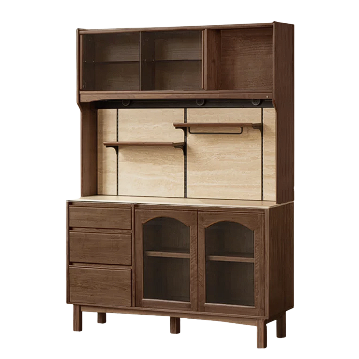 Black Walnut, Golden Sandalwood Solid Wood French Retro Sideboard Buffet with Travertine Top and Optional Upper Shelf