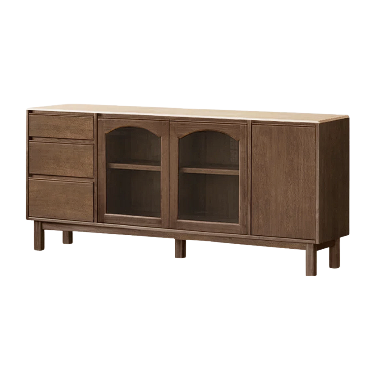 Black Walnut, Golden Sandalwood Solid Wood French Retro Sideboard Buffet with Travertine Top and Optional Upper Shelf