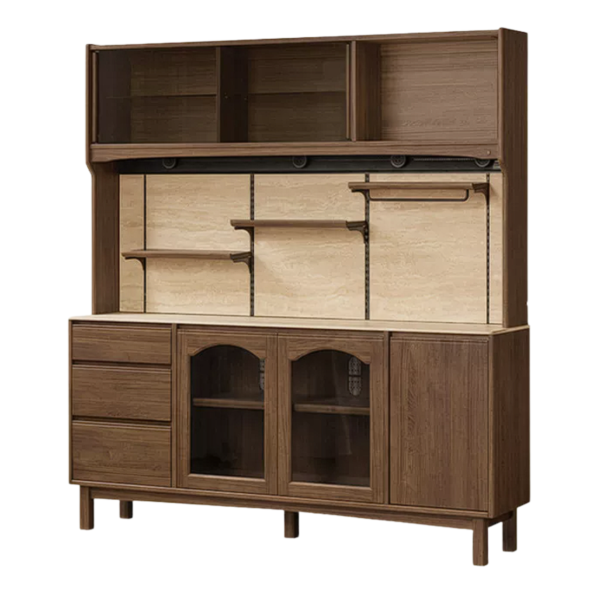 Black Walnut, Golden Sandalwood Solid Wood French Retro Sideboard Buffet with Travertine Top and Optional Upper Shelf