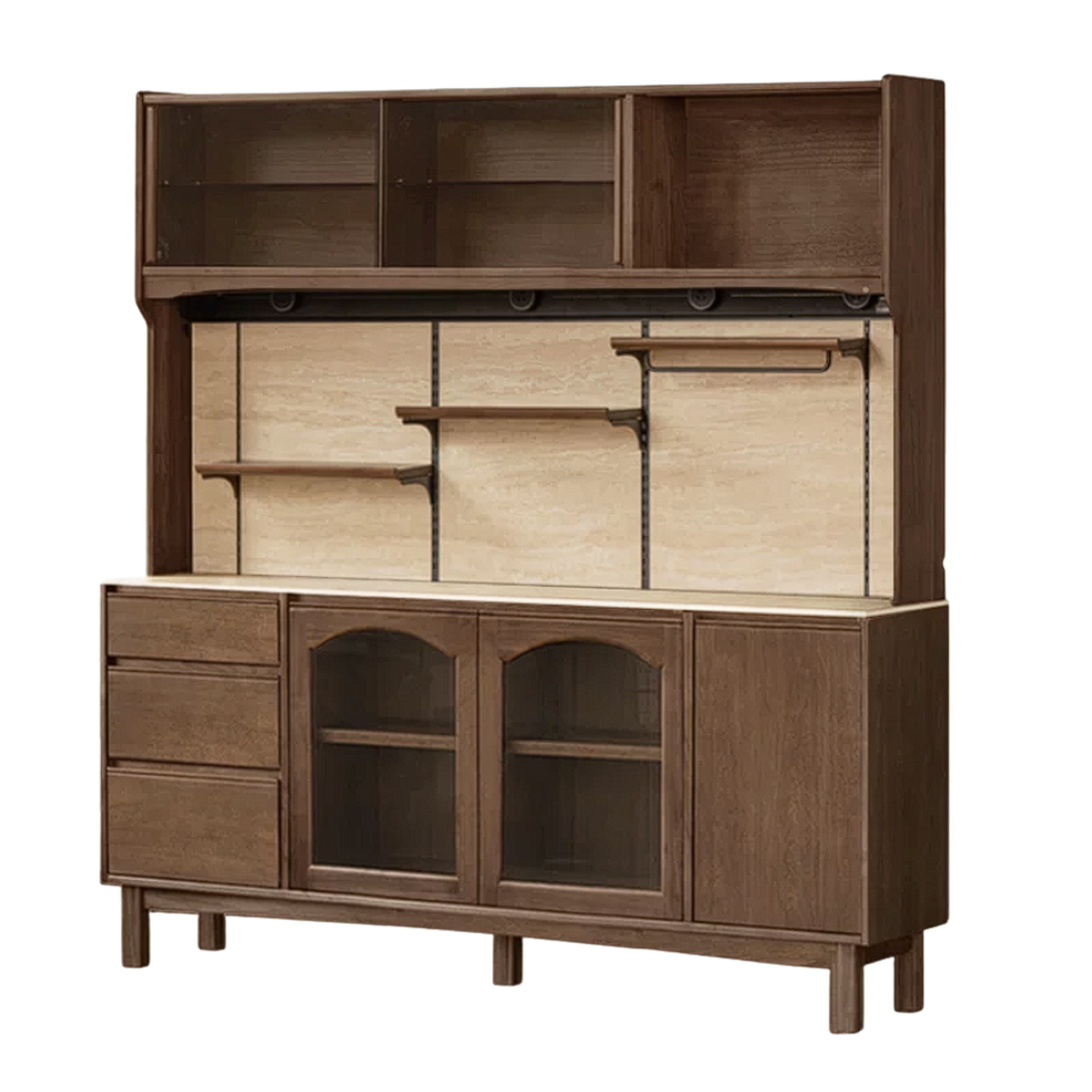 Black Walnut, Golden Sandalwood Solid Wood French Retro Sideboard Buffet with Travertine Top and Optional Upper Shelf