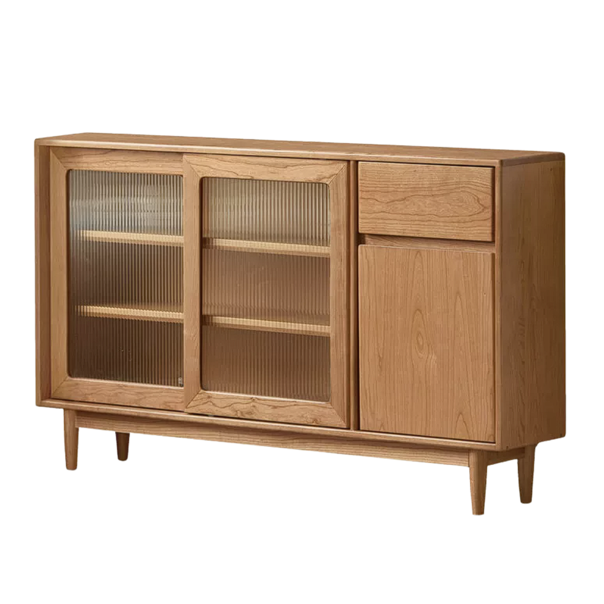 Black Walnut, Oak, Cherry Solid Wood Slim Sideboard Buffet with Glass Doors, Narrow 59 Inch Storage Cabinet
