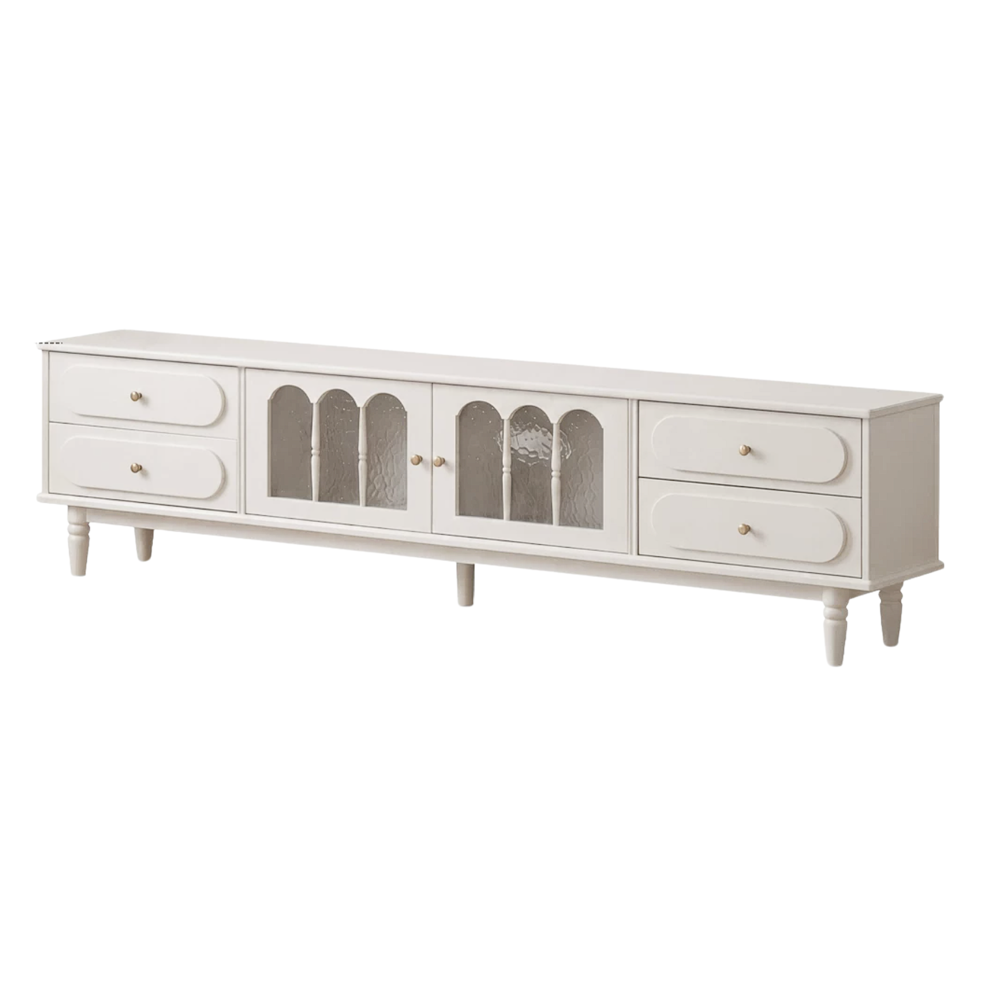 Cherry Solid Wood, Rubberwood French Country TV Console with Arched Glass Doors