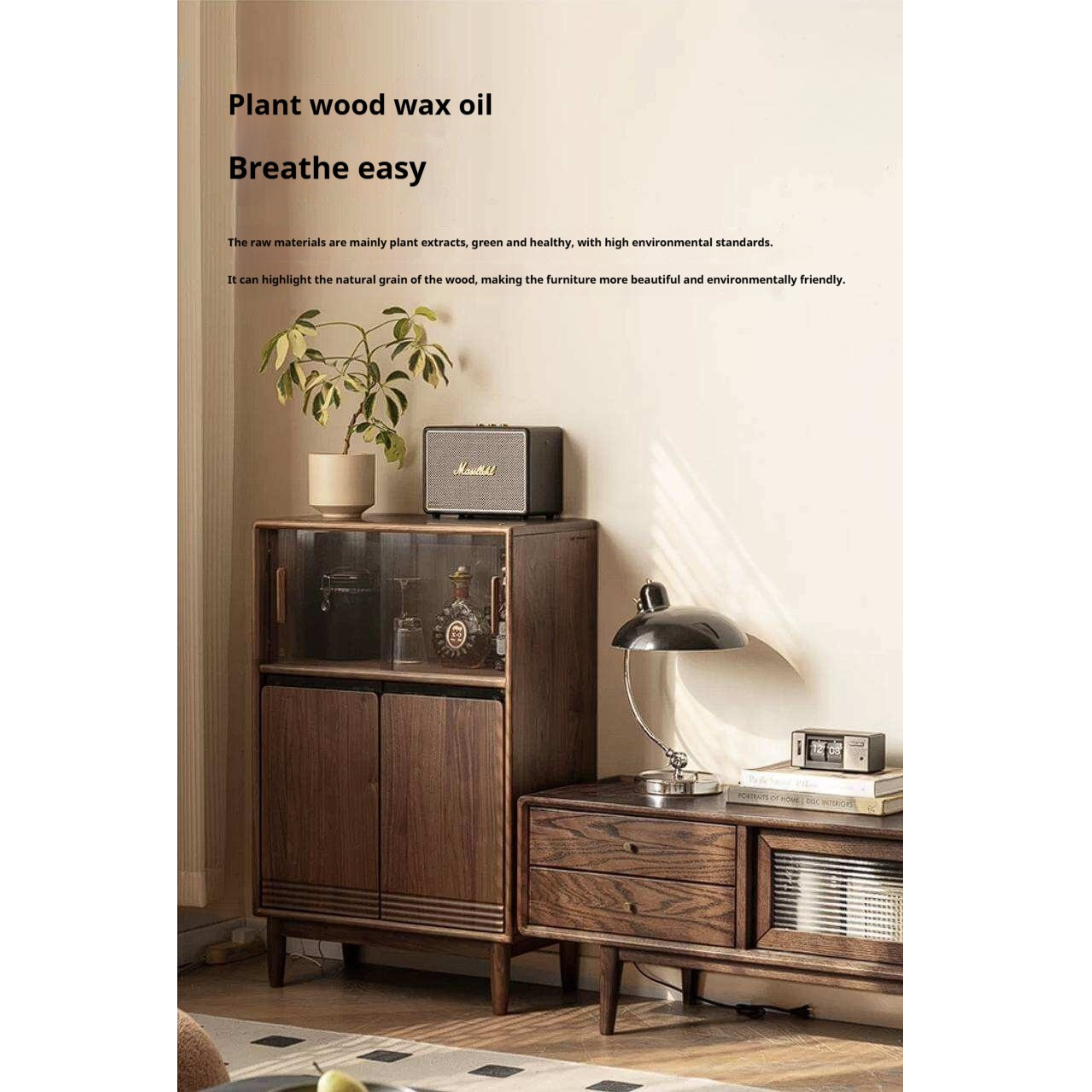 Black Walnut, Golden Rosewood, Oak, Ash, Cherry Solid Wood Side Cabinet with Minimalist TV Stand Storage Design