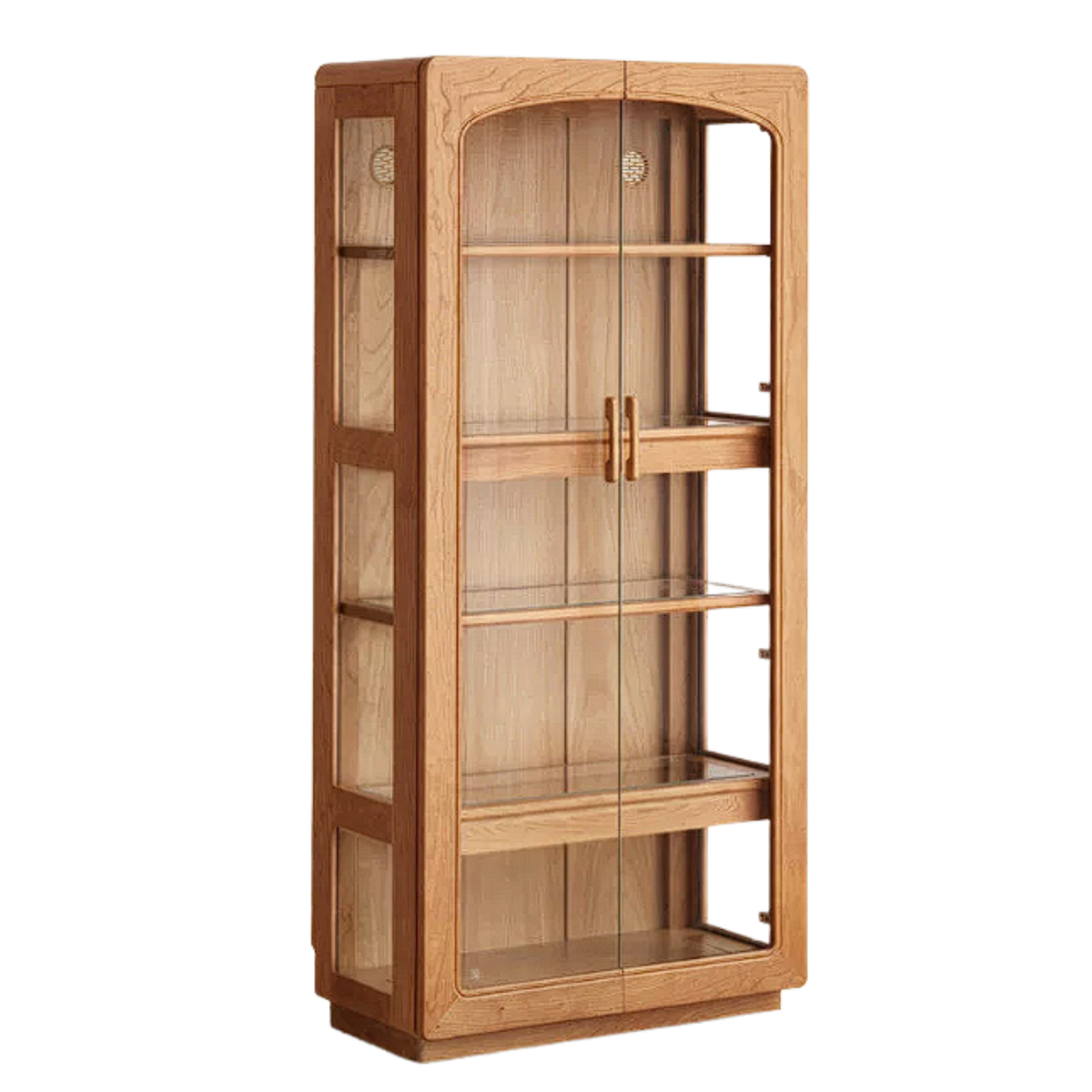 Cherry, Black Walnut, Birch, Oak Solid Wood Curio Display Cabinet with Arched Top and LED-Lit Glass Shelves