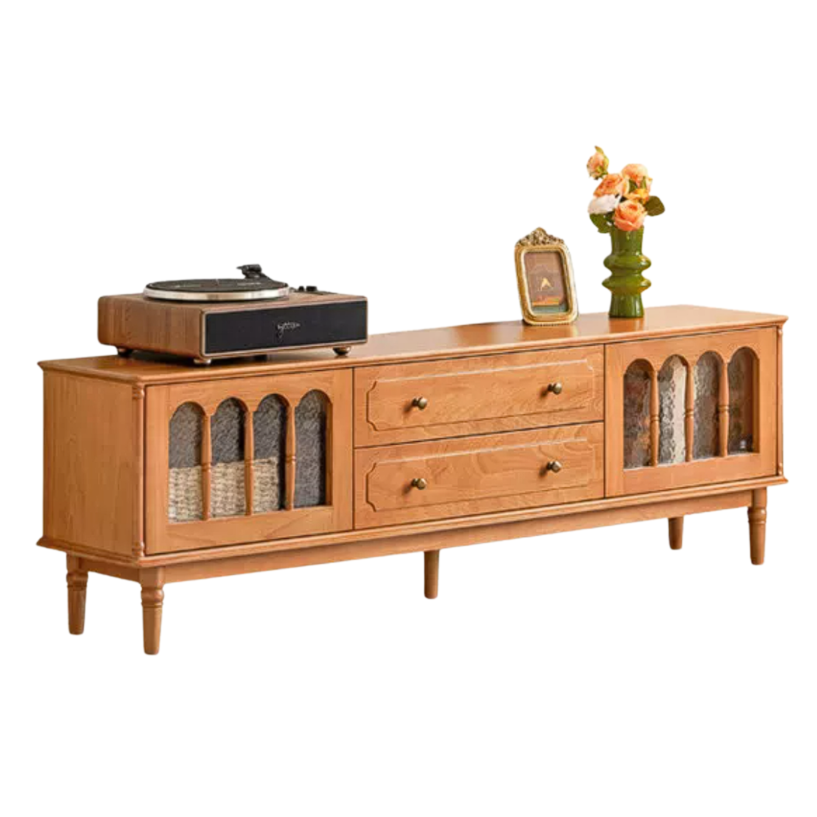 Cherry Solid Wood TV Cabinet with French Retro Glass Door Design