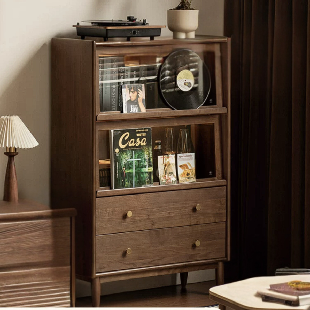 Sandalwood, Black Walnut, Oak Solid Wood Side Cabinet Flip Door LED Lights