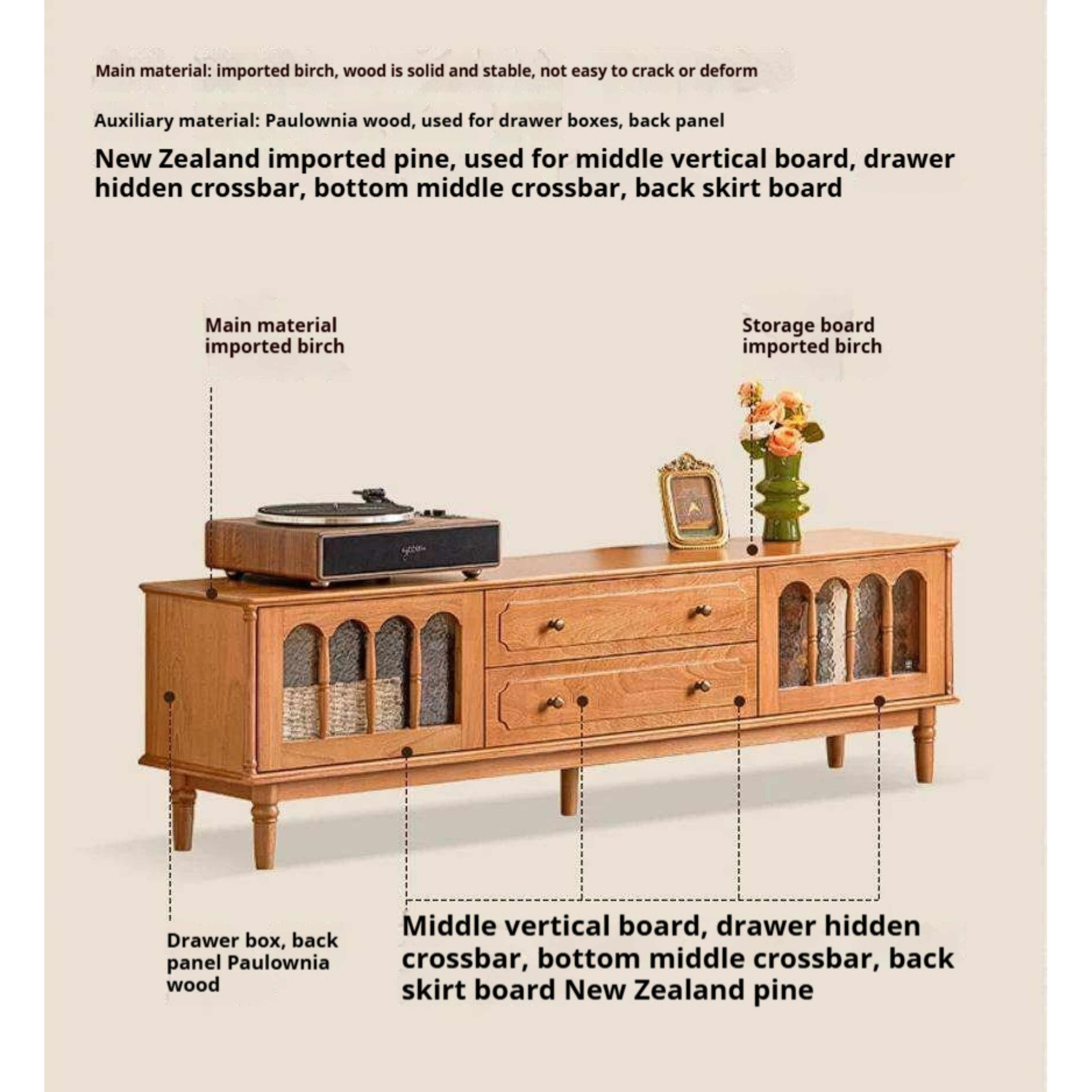 Cherry Solid Wood TV Cabinet with French Retro Glass Door Design